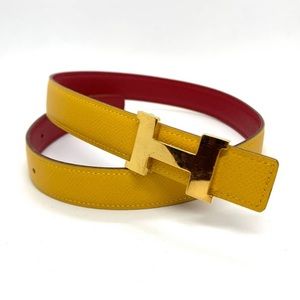 HERMES Narrow H Yellow Red Reversible Leather Belt